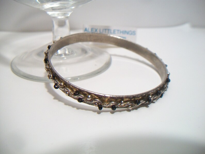 Black Beaded Bangle Bracelet Steampunk Goth Swirl Spiral Design Costume Jewelry