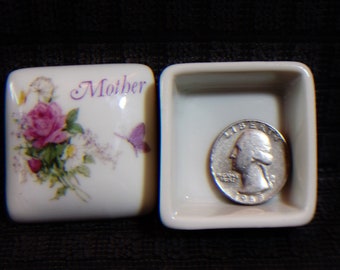 Porcelain Mother Trinket Box Square Rose Butterfly Pink Roses Vintage Mother's Day Gift