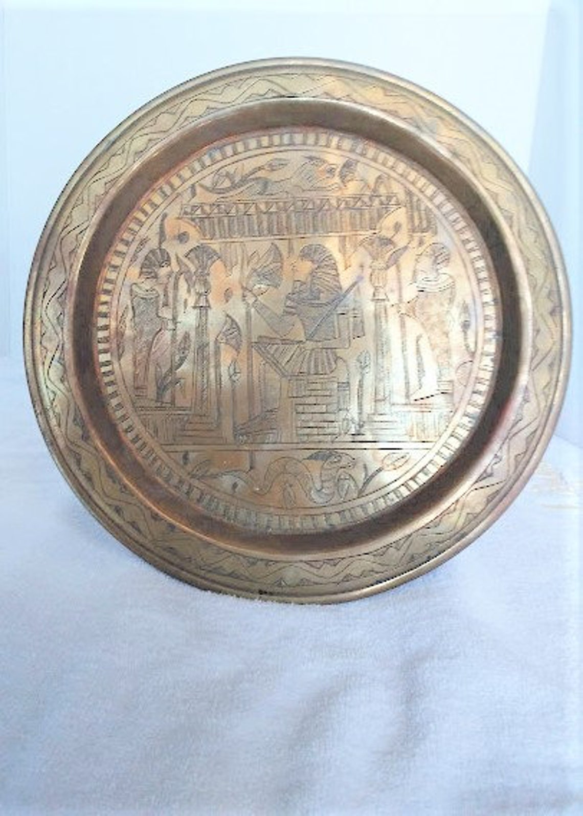 Vintage Egyptian Brass Plate Detail Hand Carved Etched Pharaoh Etsy