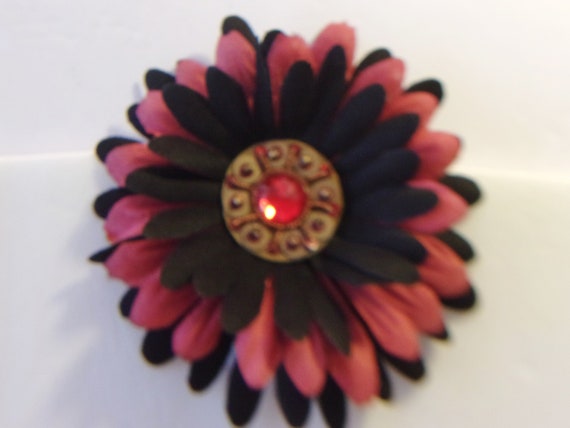 Vintage Red Black Flower Barrette Floral Hair Cli… - image 2