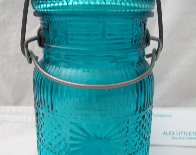 Vintage Blue Glass Jar W/ Snap Down Lid Avon Ribbed Design on Sides Lid