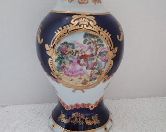 Vintage Dancing Courting Couple Satsuma 7 3/4" Tall  Porcelain Vase Gold Gilt painted  Cobalt Blue White Pink China ALEXLITTLETHINGS