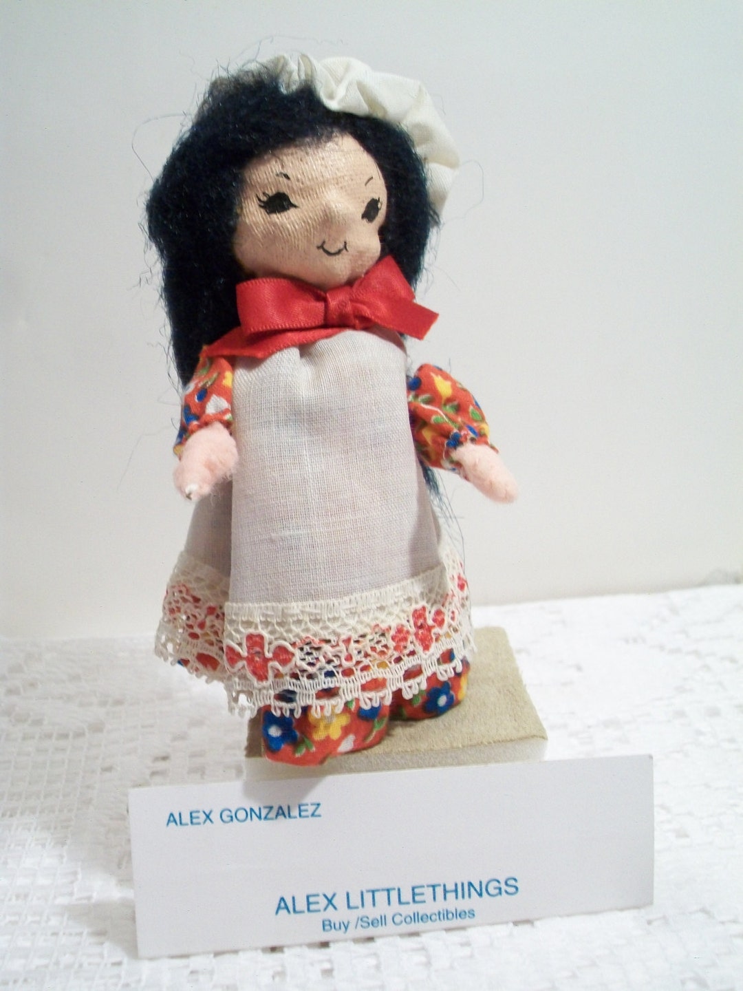 Vintage Clothespin Doll Scullery Maid Folk Art Red Calico Print Lace