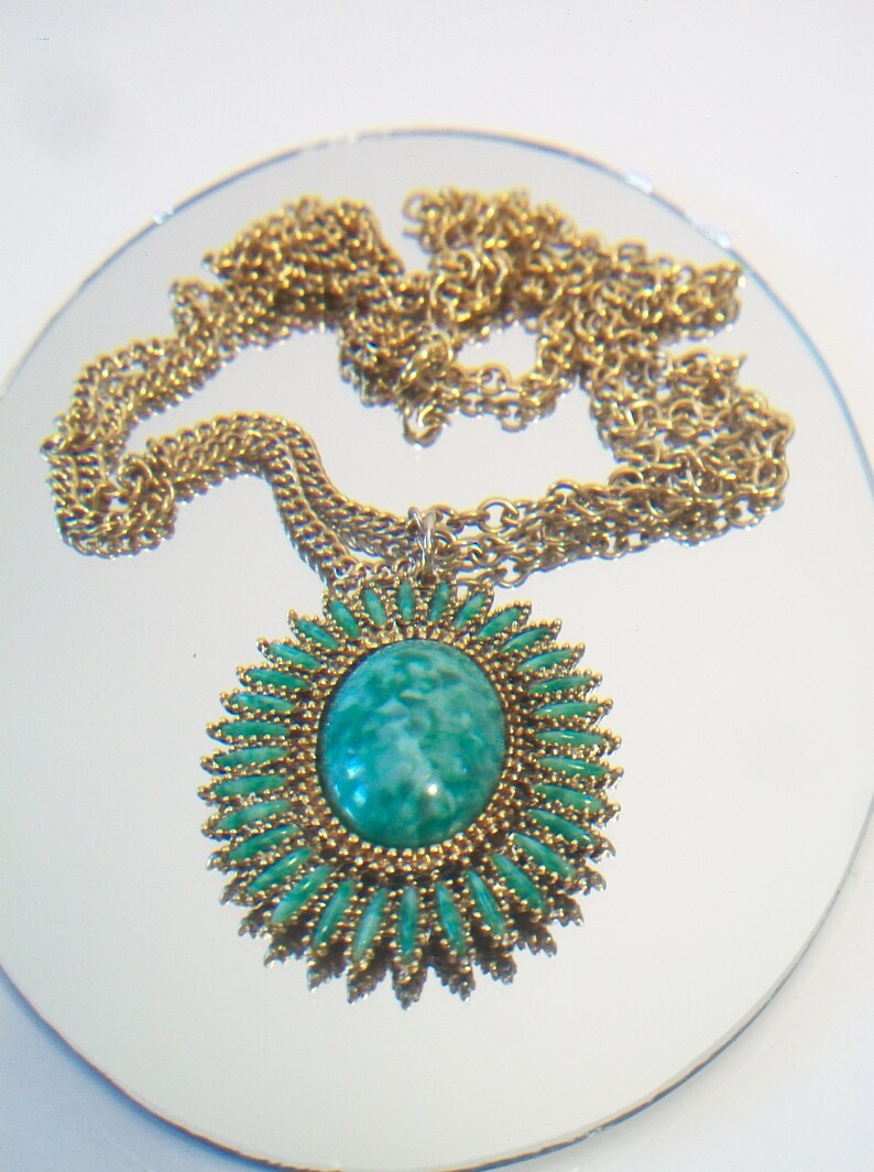 Vintage Celebrity Faux Jade Pendant Necklace Green Petit Point Costume Jewelry