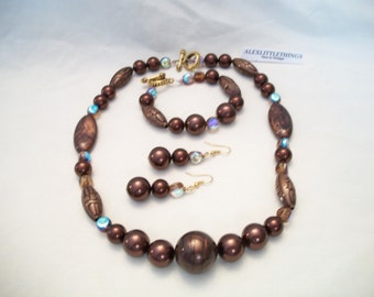 Brown Iridescent Jumbo Pearl Jewelry Set Textured Chocolate Necklace Bracelet Earrings Handmade ALEXLITTLETHINGS.COM