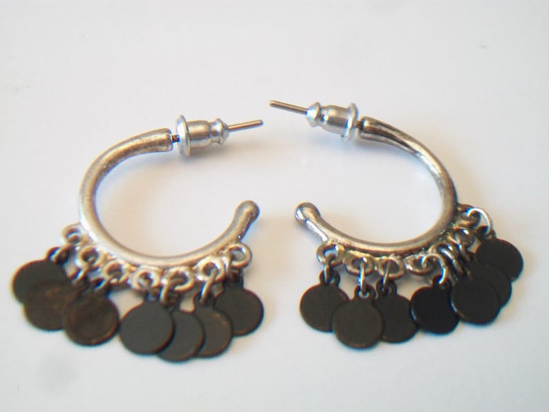 Petite Hoop Earrings Black Dangling Discs Gypsy Boho Costume Jewelry Silver Tone Fashion Accessories For Her