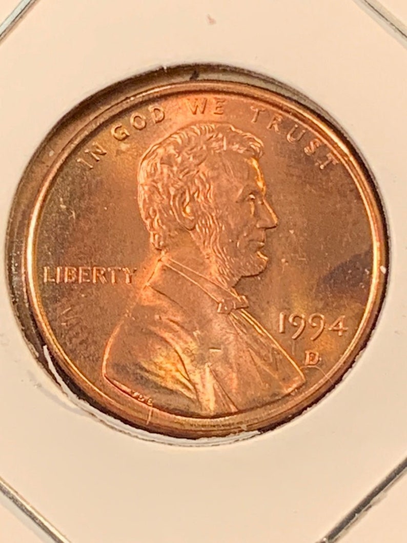 1994 D Lincoln Memorial Uncirculated Cent Color Toning Copper Orange US Penny Zinc image 3