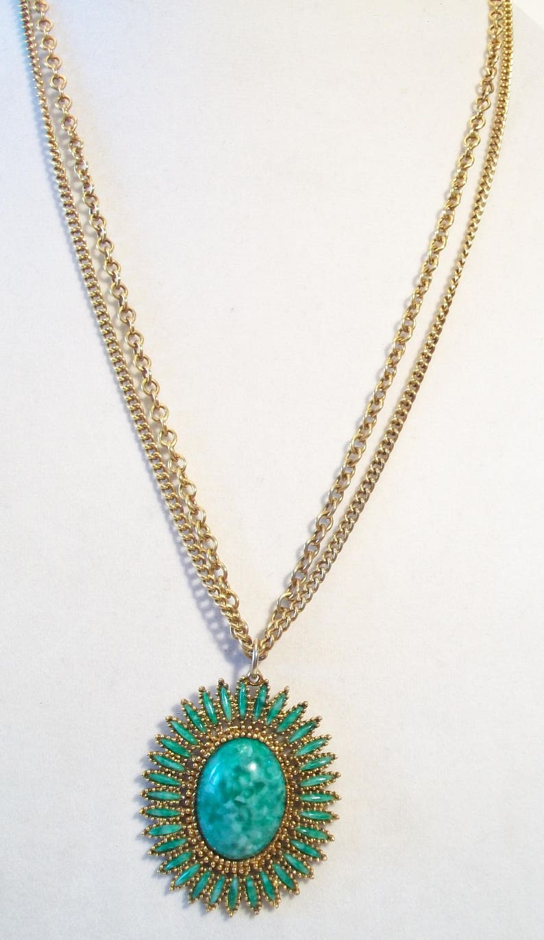 Vintage Celebrity Faux Jade Pendant Necklace Green Petit Point Costume Jewelry