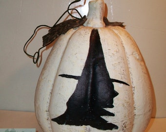 White Pumpkin Witch Silhouette Halloween Decor Harvest Country Home