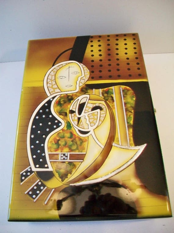 Abstract Female Face Jewelry Box Black Gold Lacquer R… Gem