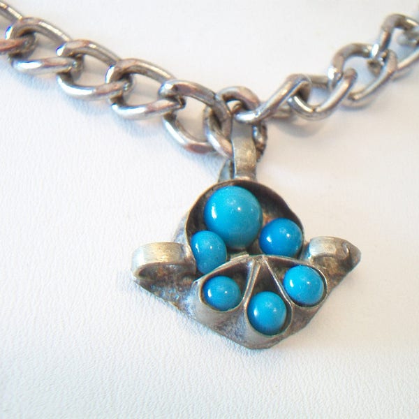 Turquoise Pod Necklace Unisex Silver Tone Chunky Chain Upcycle Repurposed Costume Jewelry