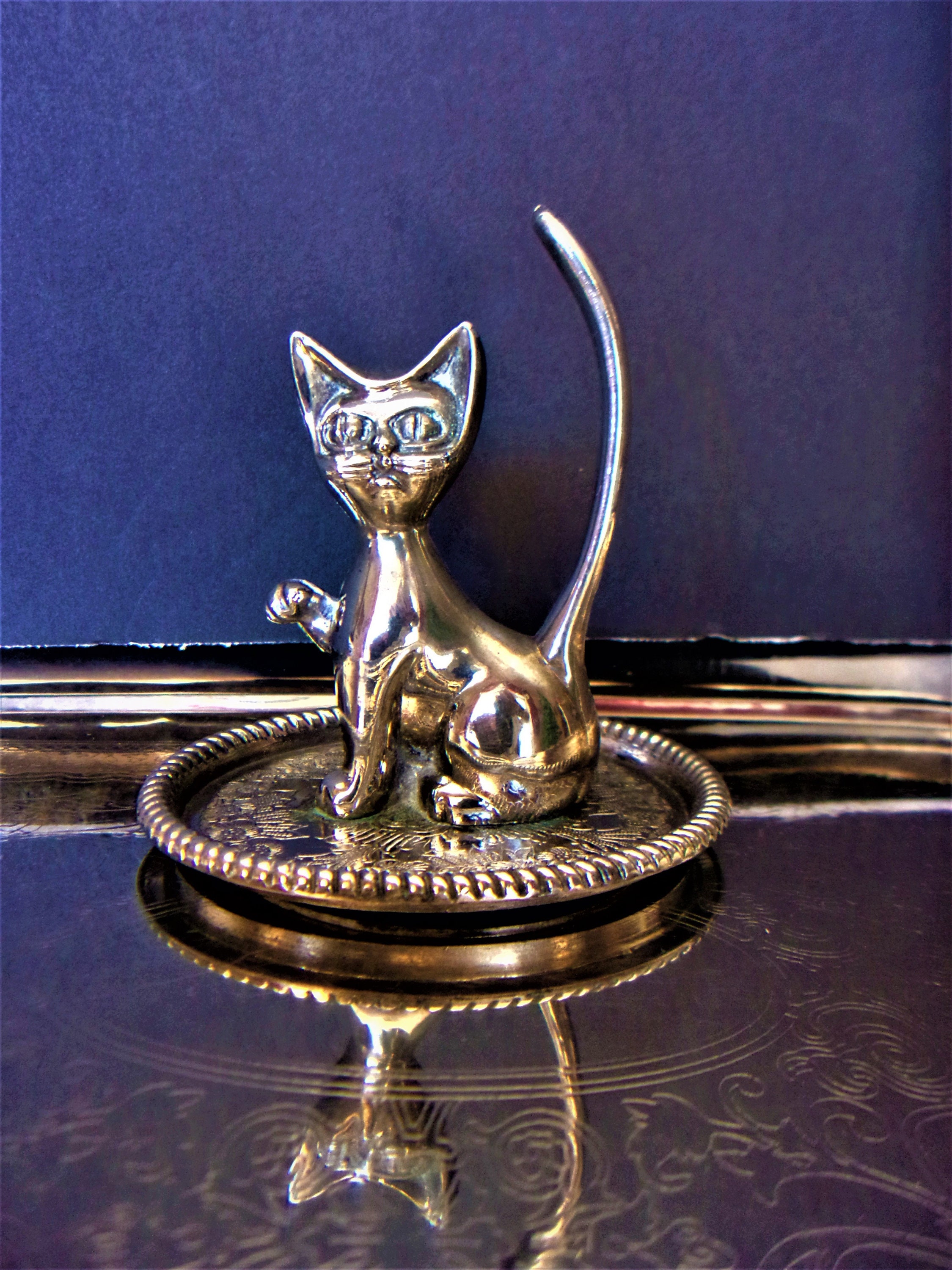 Cat Ring Holder Silver Plated Interpur Vintage Kitty Jewelry Tray
