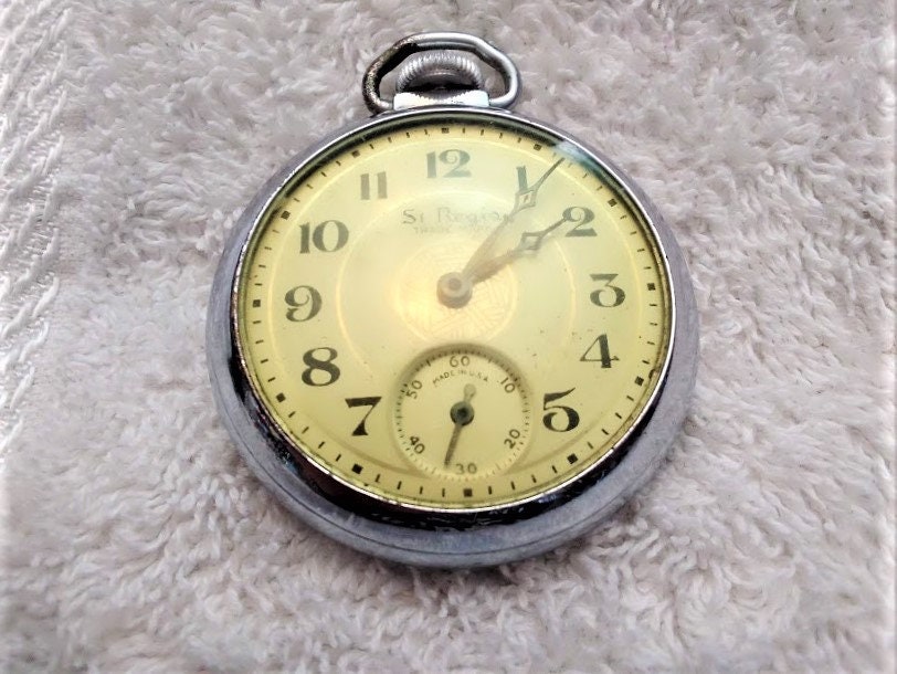 Vintage Trademark Marked St. Regis Ingraham Mechanical Wind Up Pocket Watch Circa 1950s Gift for Him www.etsy shop ALEXLITTLETHINGS