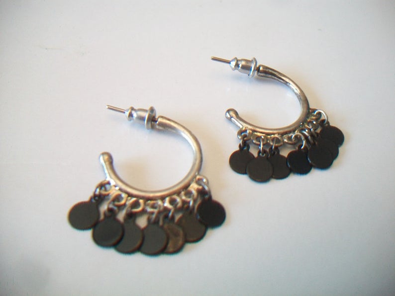 Petite Hoop Earrings Black Dangling Discs Gypsy Boho Costume Jewelry Silver Tone Fashion Accessories For Her
