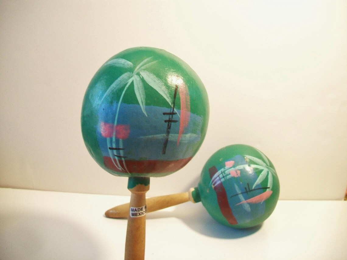 Vintage Mexican Teal Maracas Tropical Palm Tree Design Folk Etsy