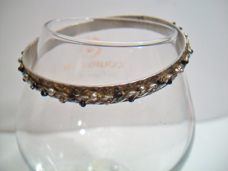 Black Beaded Bangle Bracelet Steampunk Goth Swirl Spiral Design Costume Jewelry
