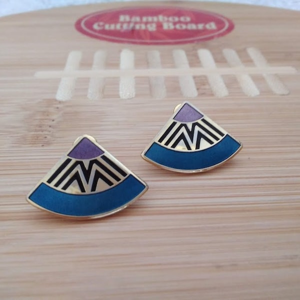 Vintage Rare Laurel Burch Earrings Teal Purple Black Enamel Fan Design Signed Enamel Stud Post 5/8 x 7/8" www.etsy.com/shop/ALEXLITTLETHINGS