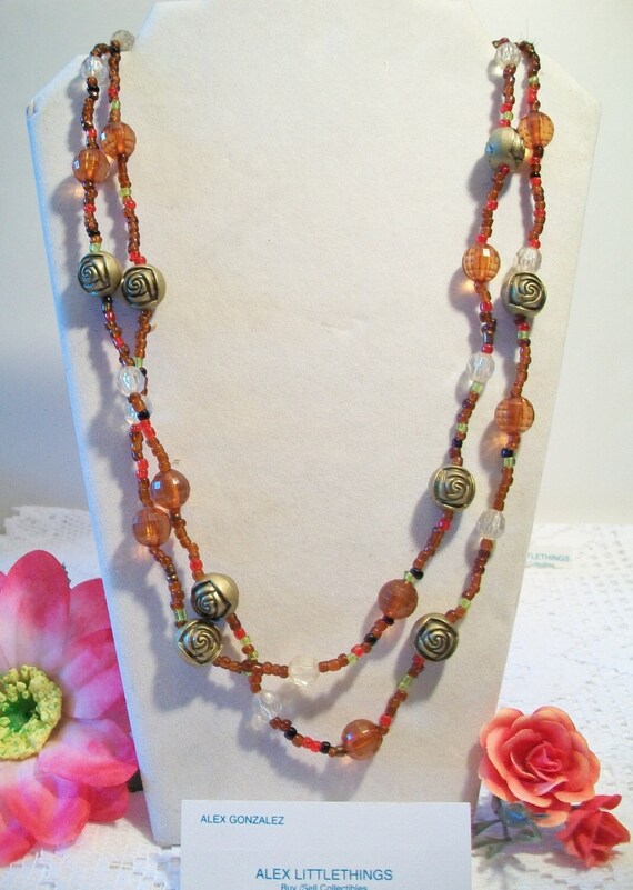 Vintage Long Orange Beaded Necklace Fall Colors Beads Spicy Autumn
