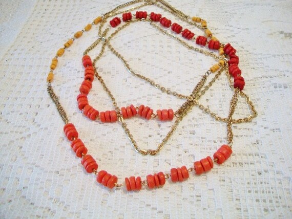 Vintage Beaded Chain Necklace Multi Color Coral Y… - image 2