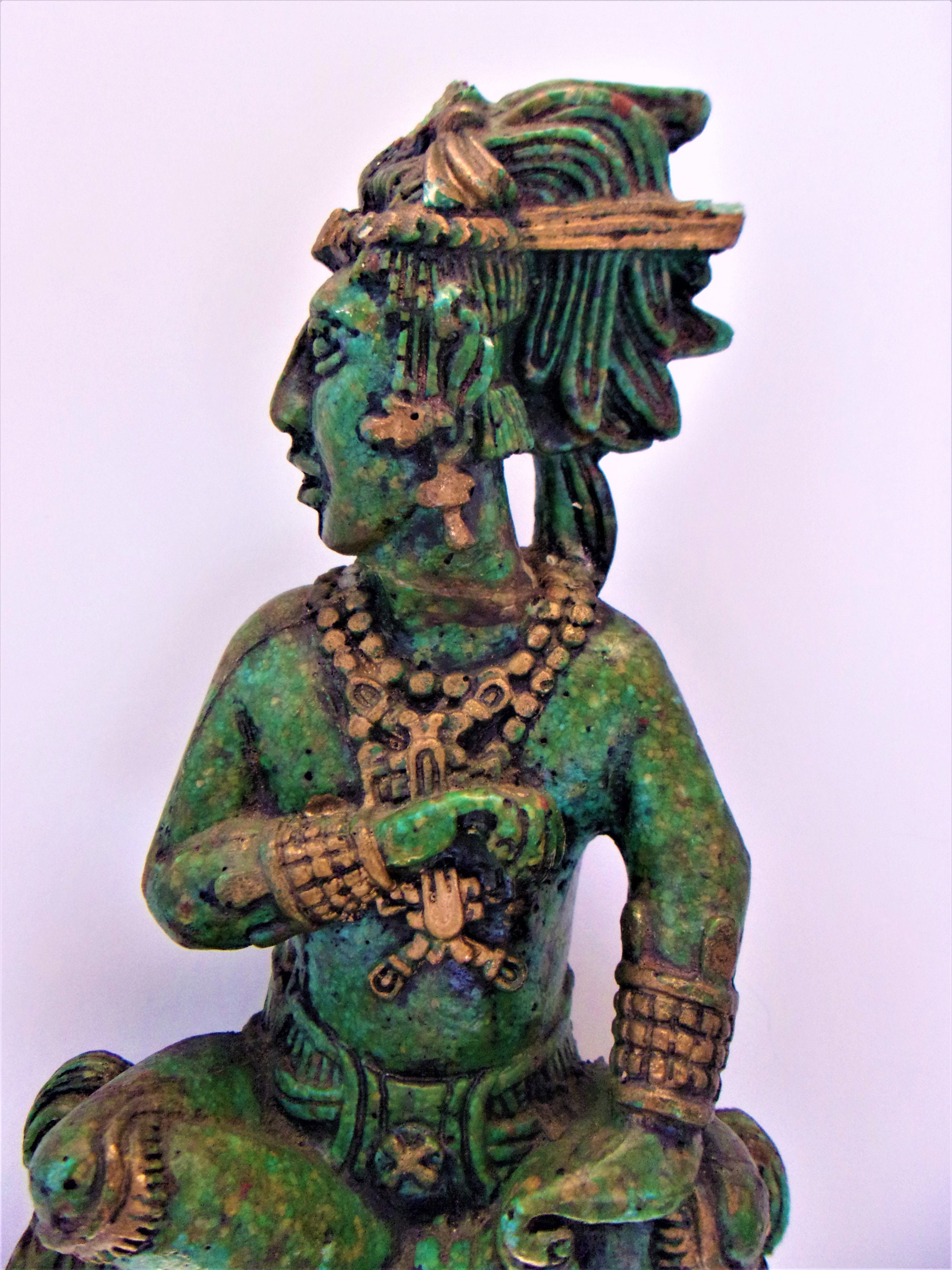 Vintage Aztec Leader Montezuma Statue Jade Green Gold Warrior Figurine