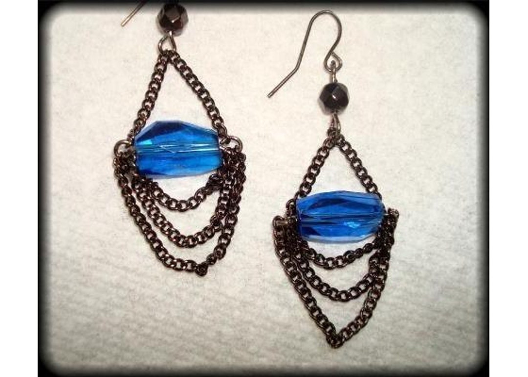 Royal Blue Beaded Earrings Black Chain Dangle Jewelry Fashion - Etsy