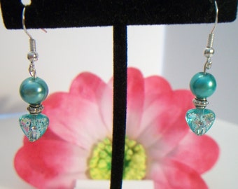 Teal Pearl Heart Earrings Dangle Drop Jewelry Fashion Accessories For Her Romantic Valentine's Day