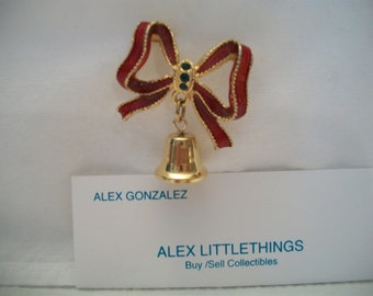 LIA Christmas Bow Bell Pin Brooch Vintage Holiday Jewelry 1970s Red Enamel Green Rhinestones Fashion  www.etsy.com/shop/ALEXLITTLETHINGS