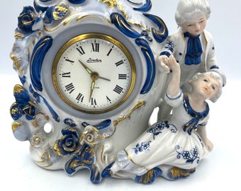 Vintage Windup Linden Genuine Porcelain Alarm Clock Blue and White Decorative Mantel Desk Top Made in Japan Gift for Couple Wife Colonial