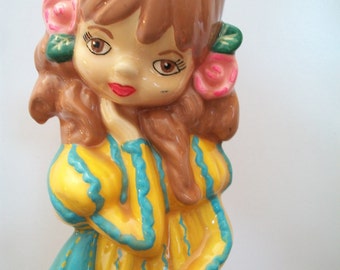 Vintage Girl Holding Purse Statue Figurine Yellow Dress Retro