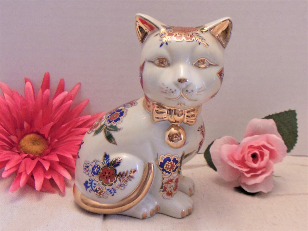 Vintage Floral Asian Cat Figurine Collectible 24k Gold Etsy