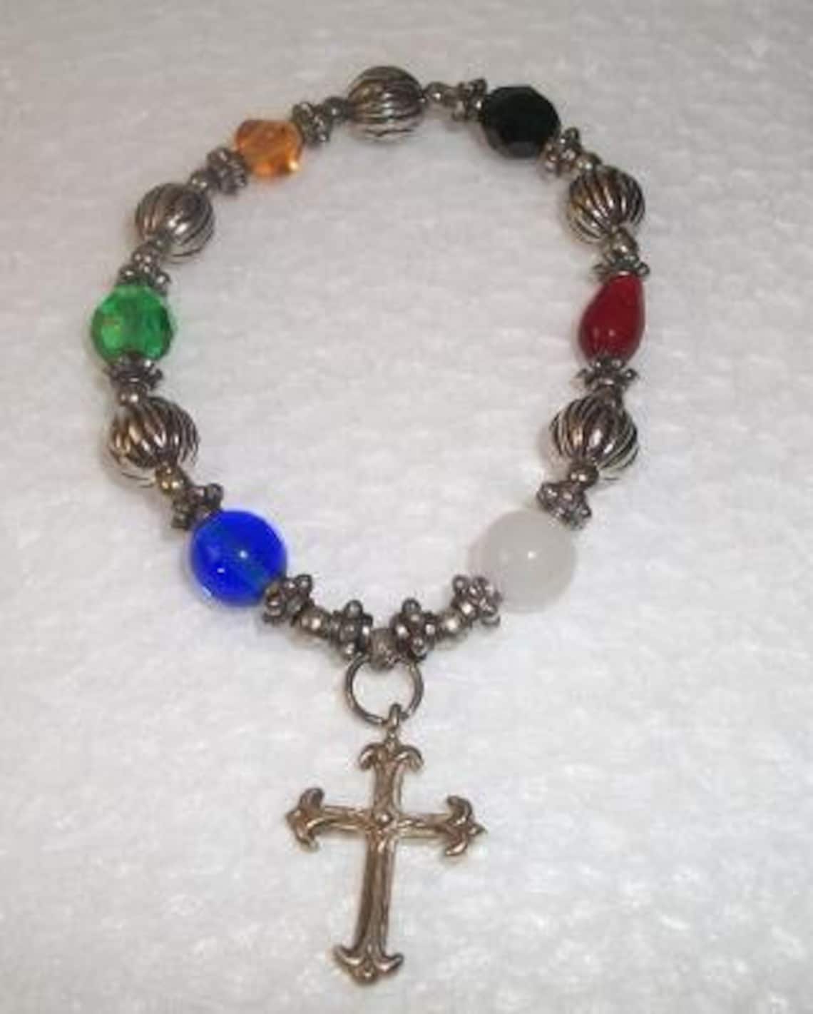 Beaded Cross Bracelet Multi Color Silver Stretch Colorful Boho - Etsy