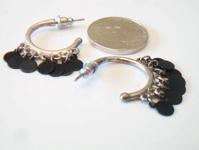 Petite Hoop Earrings Black Dangling Discs Gypsy Boho Costume Jewelry Silver Tone Fashion Accessories For Her