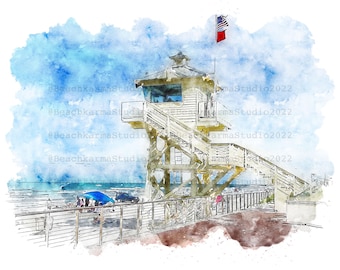 Flagler Lifeguard Tower Watercolor Print: Coastal Seascape Art