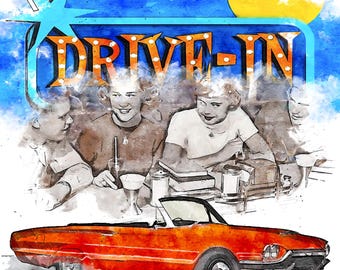 At The Drive-in Watercolor Nostaglia Print