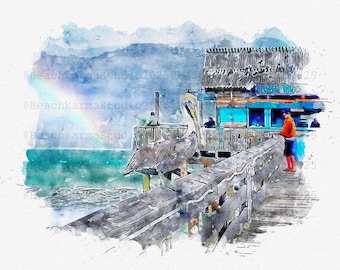 Tiki Tavern Watercolor Print: Cocoa Beach Pier, Florida