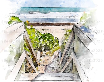 Beach Path Watercolor Print: Coastal Seascape Art