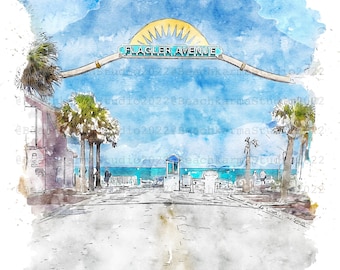 Flagler Beach Sign Watercolor Print: Coastal Seascape Art