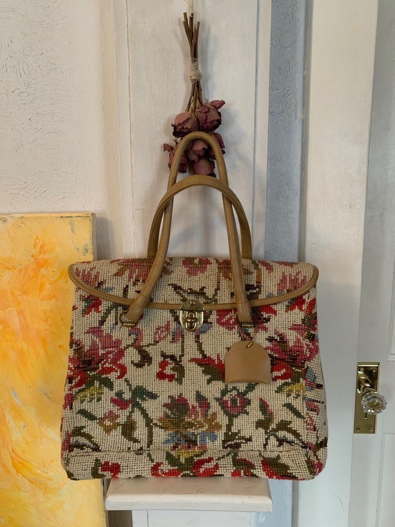 Vintage 1950's - 1960's Floral Tapestry Carpet Bag