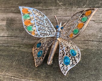 Incredible Vintage 1940's Sterling Gilt Filigree Articulated Butterfly Brooch With Enamel Germany