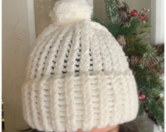 Vintage Hand Knit Winter White Stocking Cap / Hat With Pom Pom