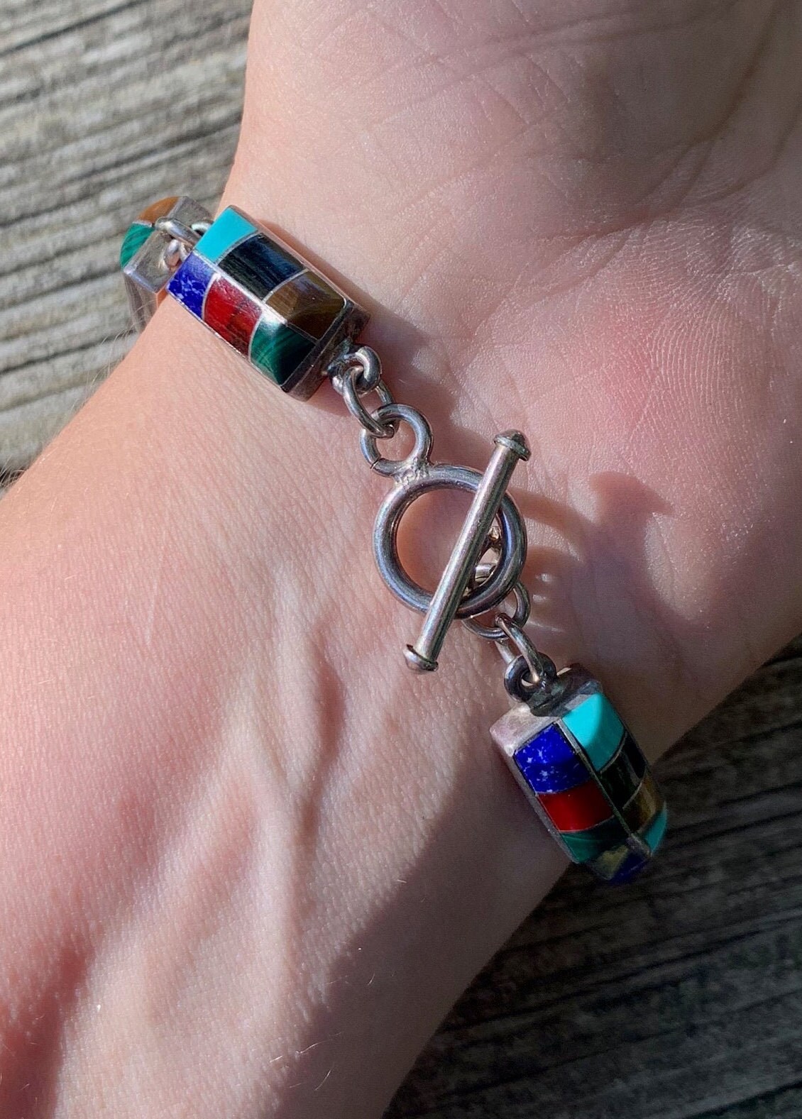 Vintage 1980's Sterling Silver Link Bracelet With Inlay Work
