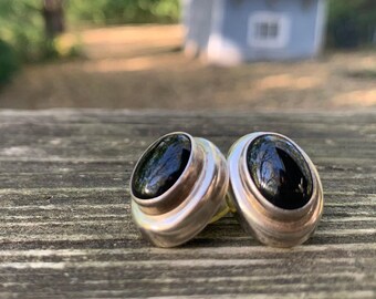 Vintage 1980's Mexico Sterling Silver Earrings With Oval Black Onyx Stones