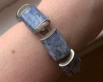 Vintage 1970's - 1980's Mexico Chunky Sterling Silver Bracelet With Sodalite Stones
