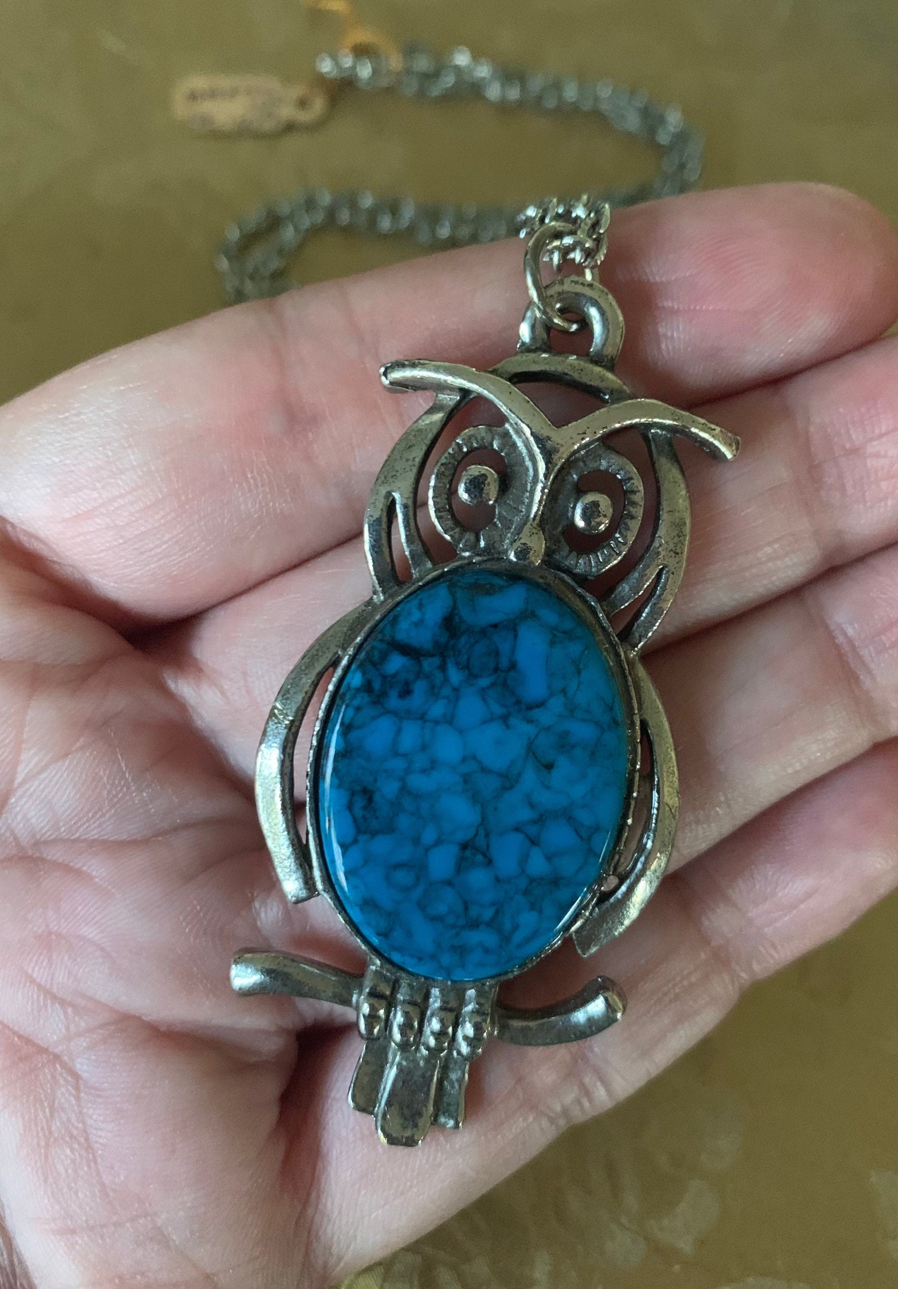 Vintage Mid Century Owl Pendant Necklace With Faux Turquoise On Silver Tone Metal Chain