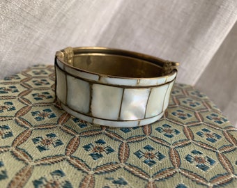 Vintage 1970’s Brass Bangle Bracelet With Mother Of Pearl Inlay Sections And Pin Clasp