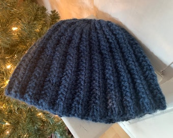 Pretty Vintage Hand Knit Winter Hat / Cap In A Lovely Blue Shade