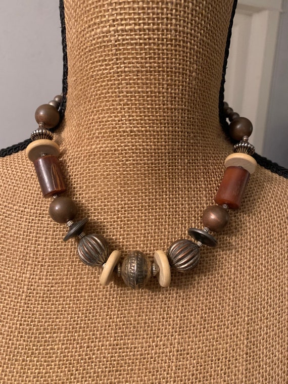 Vintage 1980's Metal And Wooden Beaded Necklace