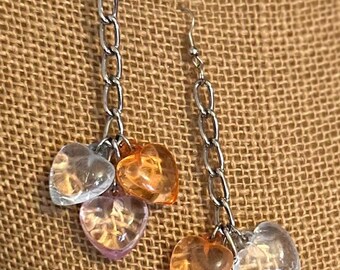 Silver Tone Dangle Earrings With Vintage Pastel Blue Pink And Peach Lucite Hearts