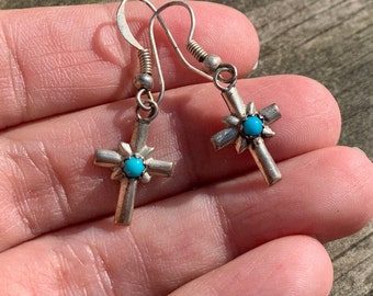 Vintage 1980's Silver Tone Metal Cross Earrings With Faux Turquoise Center