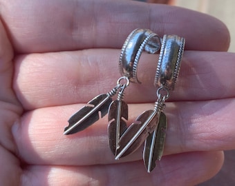 Gorgeous Vintage Sterling Silver Half Hoop Earrings With Feathers Dangling Beneath